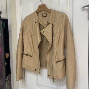 Beige Faux Leather Moto Jacket Womens Large‎ w Full Zipper & Pockets JouJou 3785